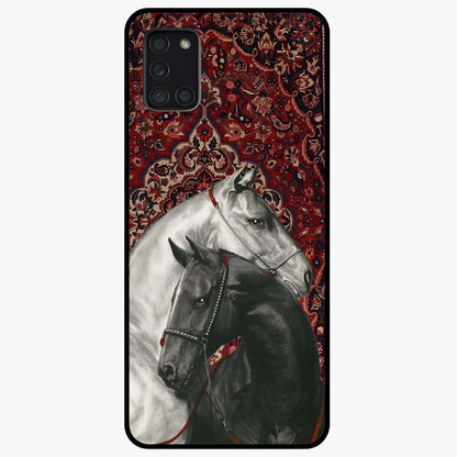 Regal Stallion Tapestry Glass Case showing flat back view with majestic horse tapestry artwork and glossy glass finish.