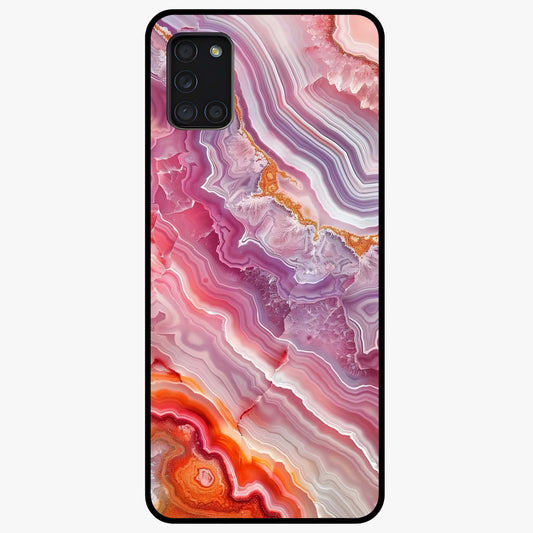 Rose Quartz Marble Glass Case showing flat back view with pink marble quartz texture artwork and glossy glass finish.