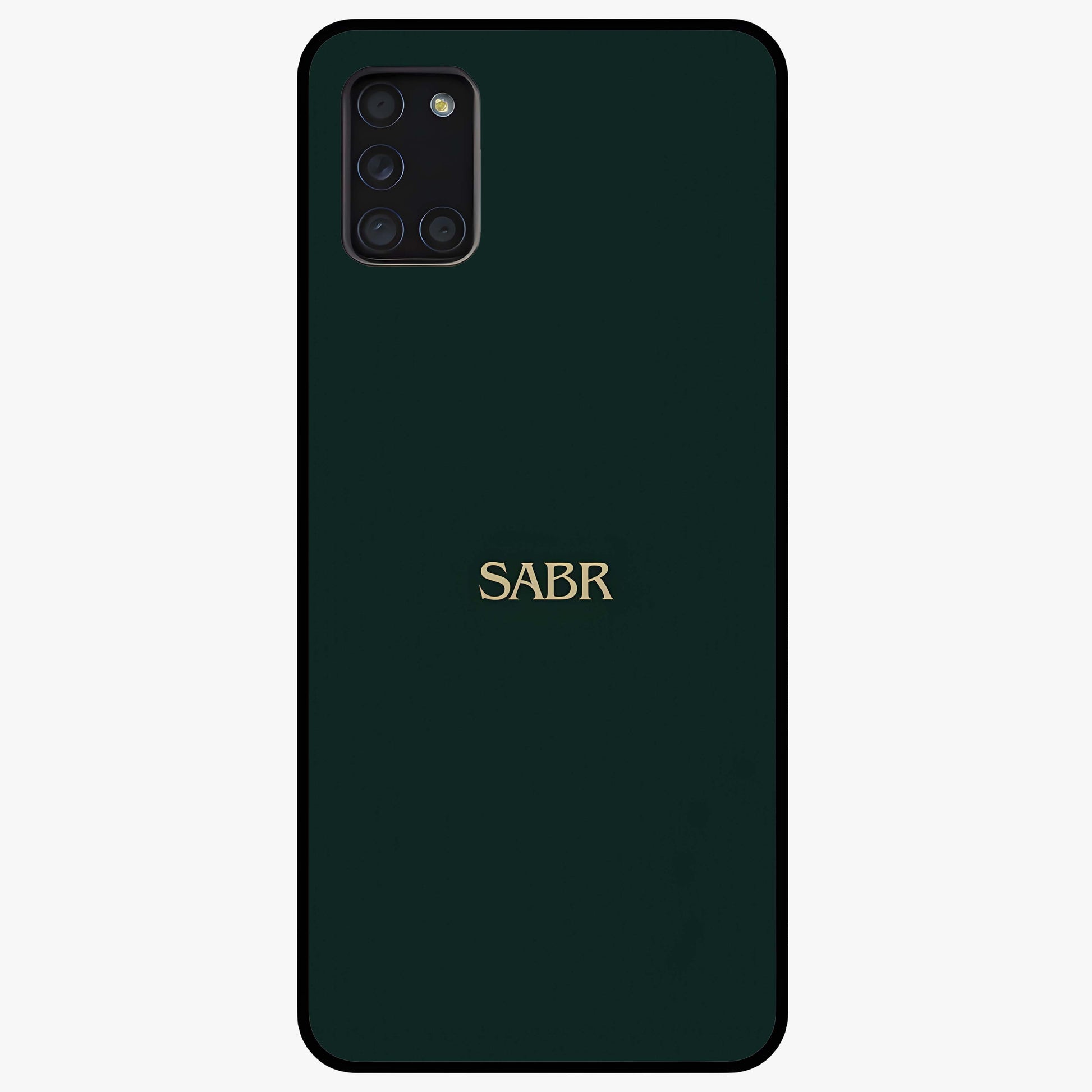 Sabr Minimal Patience Glass Case showing flat back view with minimalist typography artwork and glossy glass finish.