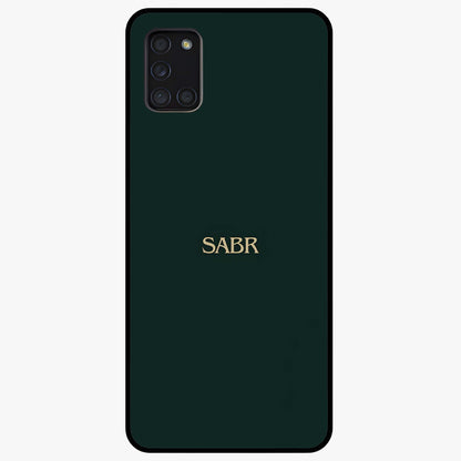 Sabr Minimal Patience Glass Case showing flat back view with minimalist typography artwork and glossy glass finish.