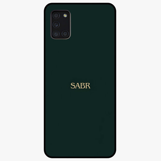Sabr Minimal Patience Glass Case showing flat back view with minimalist typography artwork and glossy glass finish.
