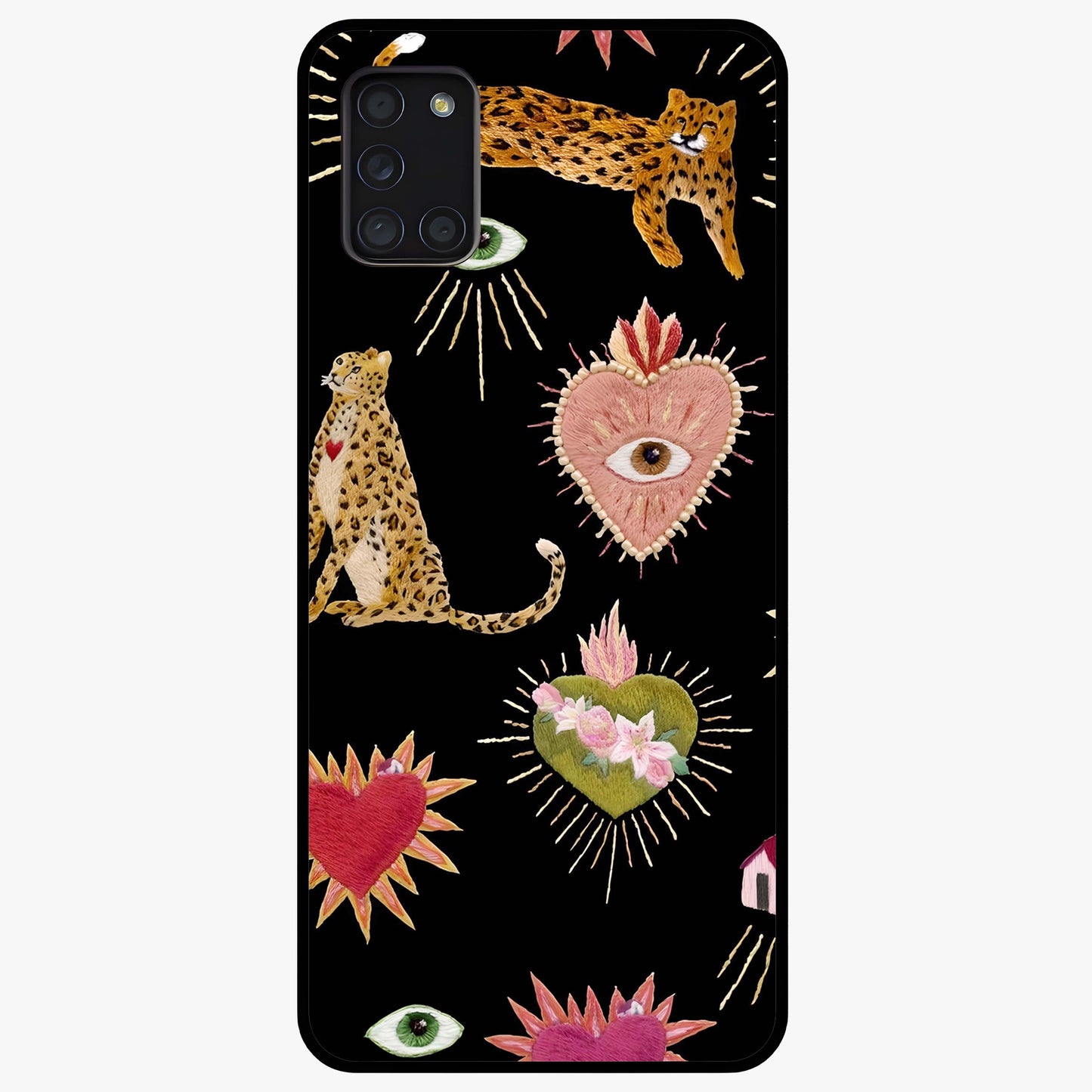 Sacred Jungle Heart Glass Case showing flat back view with jungle inspired heart artwork and glossy glass finish.