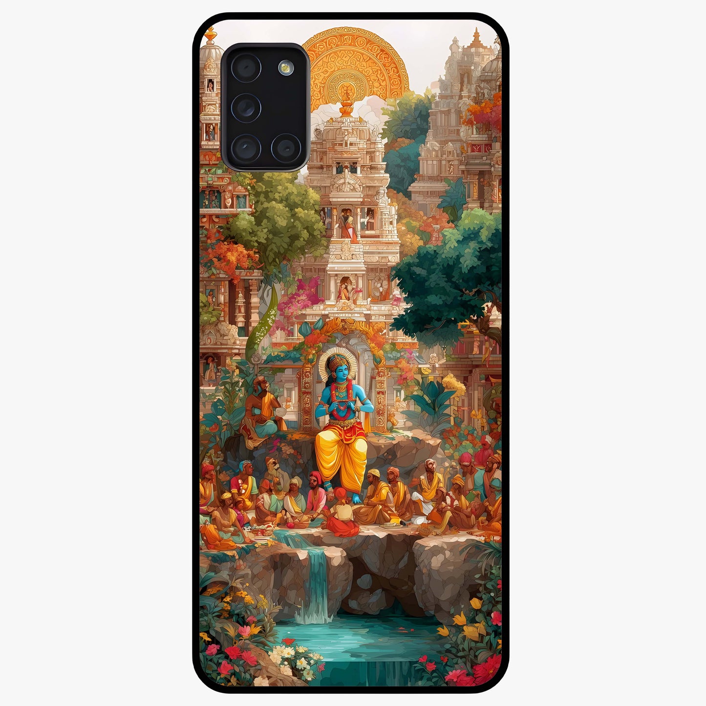 Sacred Sunlight Gods Glass Case showing flat back view with divine sunlight themed artwork and glossy glass finish.