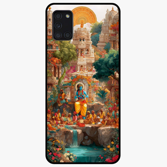 Sacred Sunlight Gods Glass Case showing flat back view with divine sunlight themed artwork and glossy glass finish.