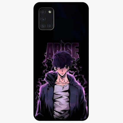 Shadow Monarch Awakening Glass Case showing flat back view with powerful dark monarch themed artwork and glossy glass finish.