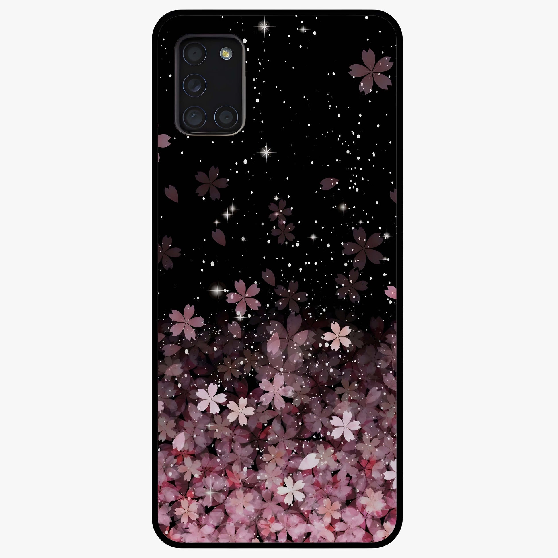 Small Starry Flowers Glass Case showing flat back view with delicate starry floral artwork and glossy glass finish.
