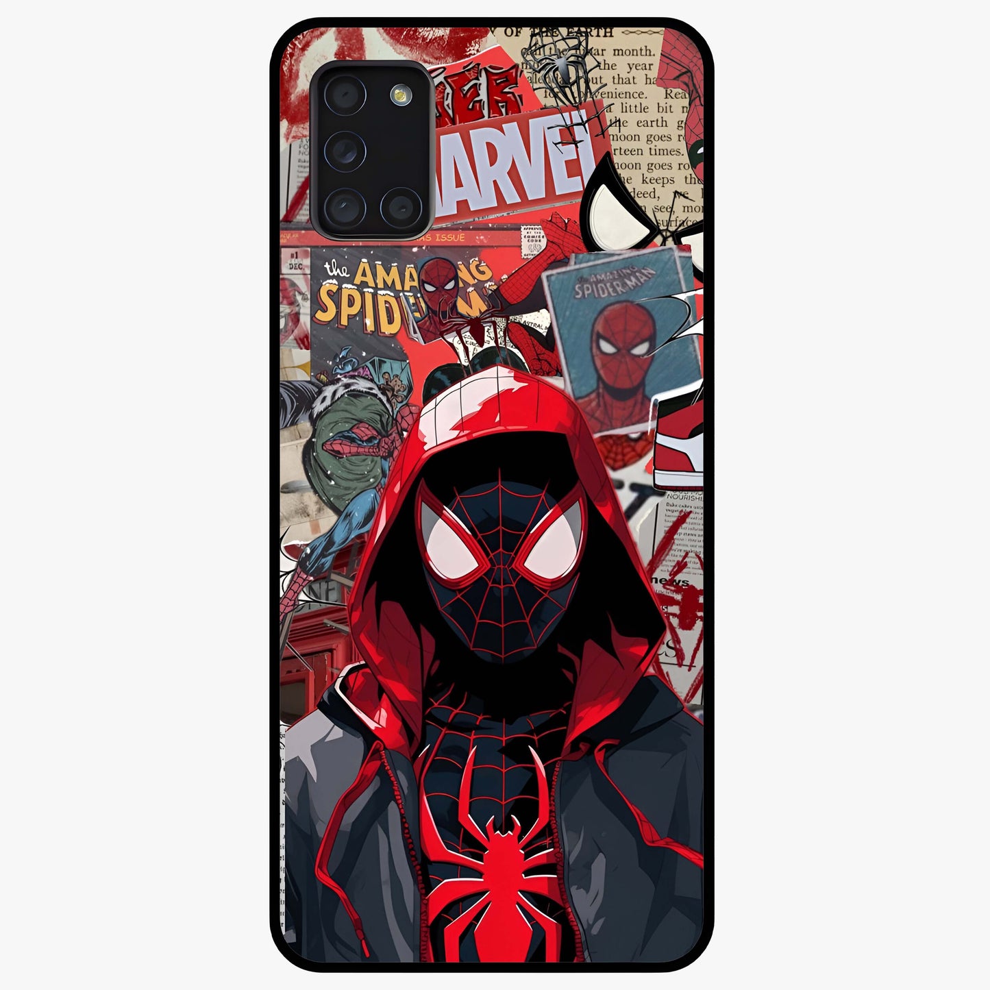 Spider Collage Street Glass Case showing flat back view with vibrant superhero collage artwork and glossy glass finish.