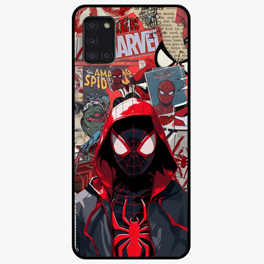 Spider Collage Street Glass Case showing flat back view with vibrant superhero collage artwork and glossy glass finish.