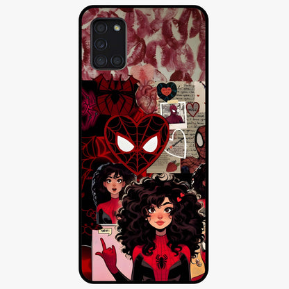 Spider Love Story Glass Case showing flat back view with romantic superhero themed artwork and glossy glass finish.