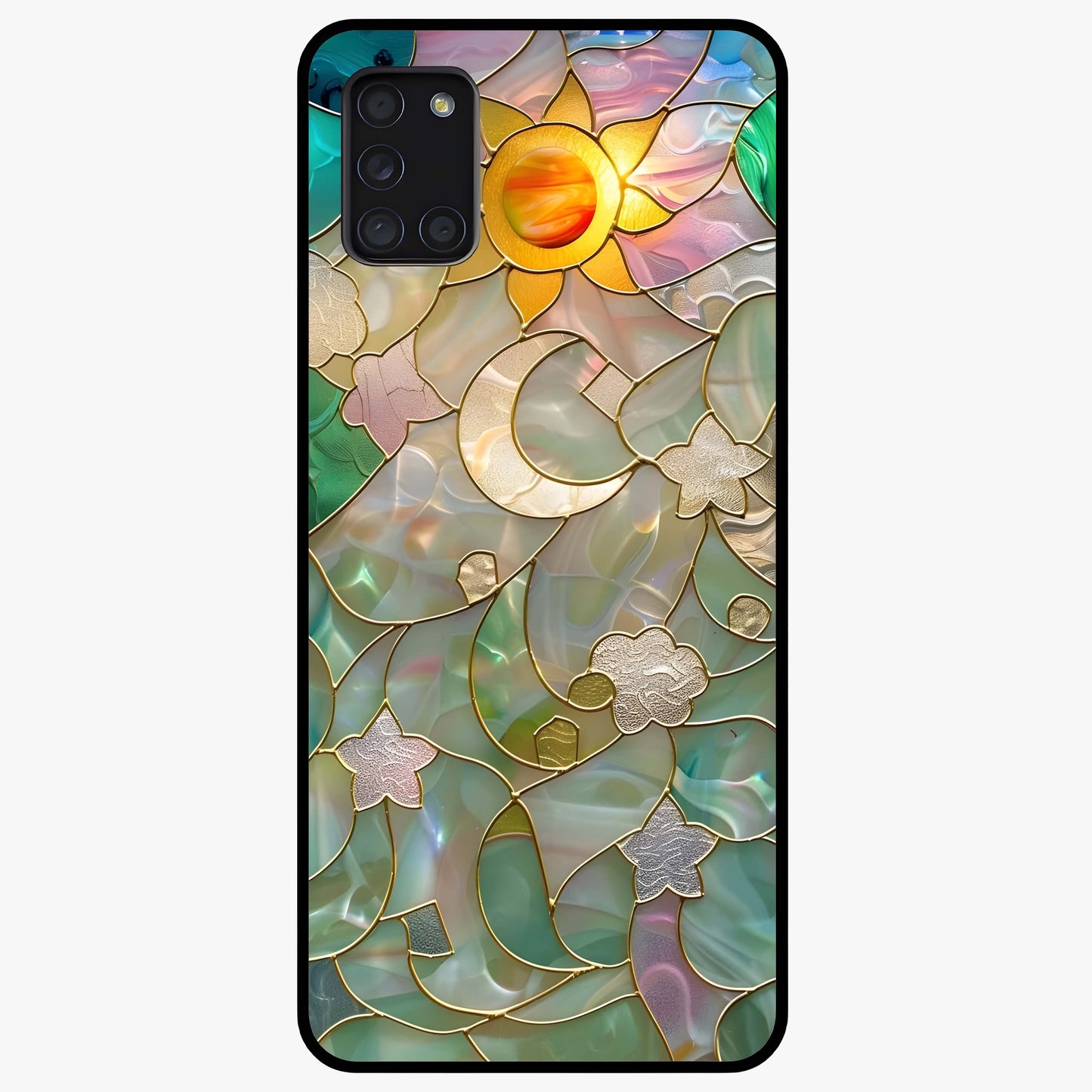 Stained Sunrise Glow Glass Case showing flat back view with glowing sunrise stained pattern artwork and glossy glass finish.