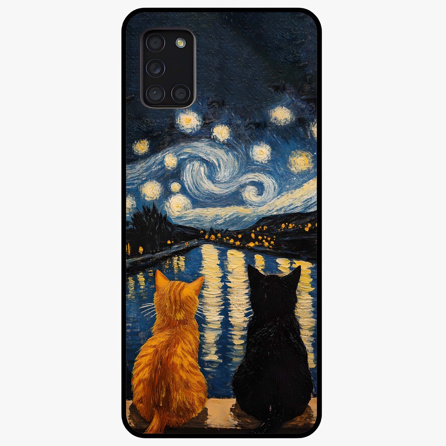 Starry River Cats Glass Case showing flat back view with cats by a starry river artwork and glossy glass finish.