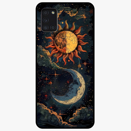 Sun And Moon Magic Design Glass Case showing flat back view with mystical sun and moon artwork and glossy glass finish.