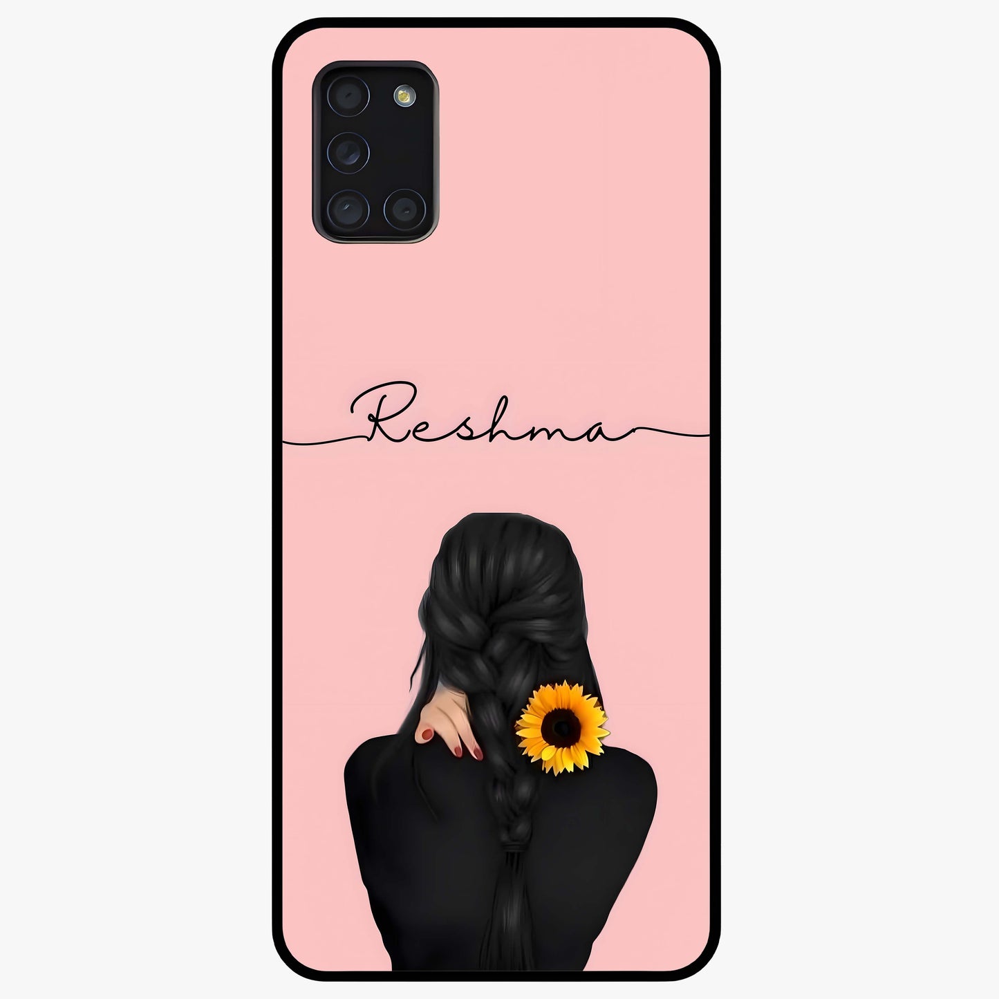 Sunflower Braid Beauty With Custom Name Glass Case showing flat back view with sunflower braid artwork and personalized name design.