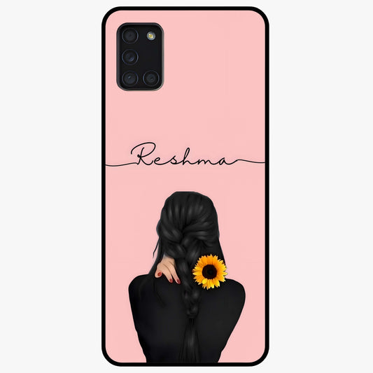 Sunflower Braid Beauty With Custom Name Glass Case showing flat back view with sunflower braid artwork and personalized name design.