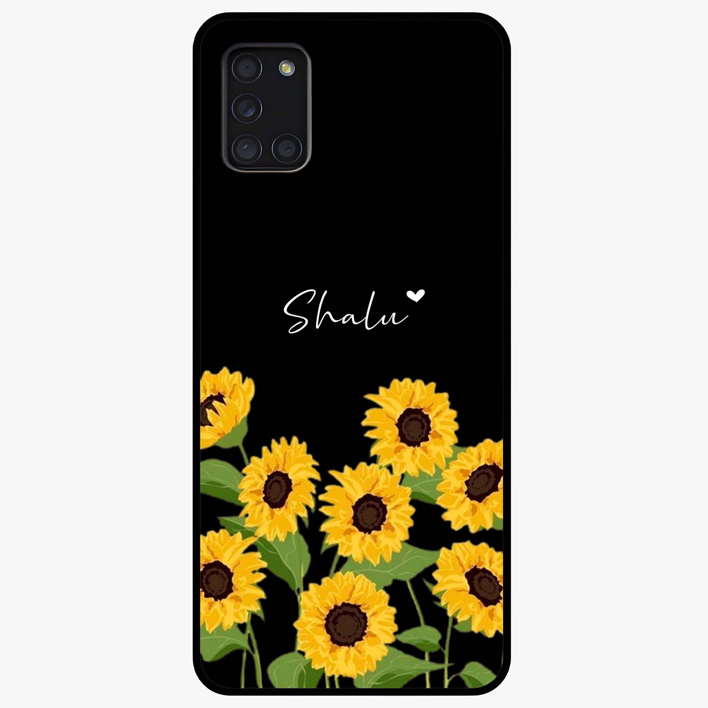 Sunflower Chic Mood Custom Name Glass Case showing flat back view with stylish sunflower artwork and personalized name design.