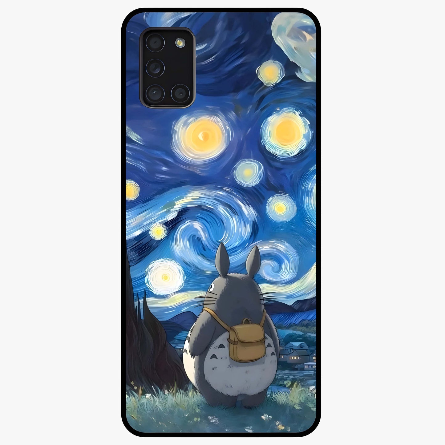 Totoro In Van Gogh Art Glass Case showing flat back view with whimsical character artwork inspired by Van Gogh style and glossy glass finish.