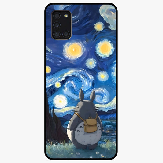 Totoro In Van Gogh Art Glass Case showing flat back view with whimsical character artwork inspired by Van Gogh style and glossy glass finish.