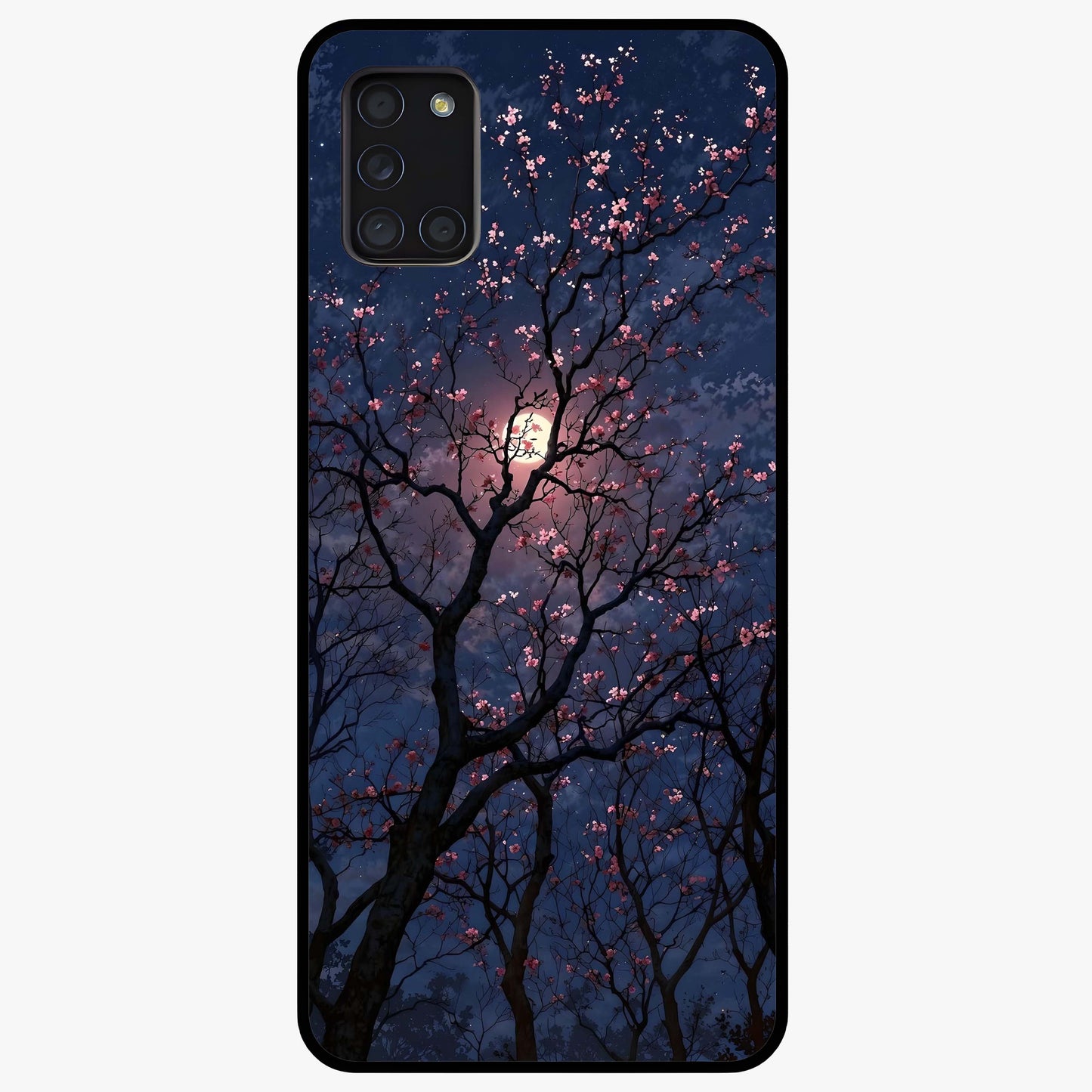 Twilight Sakura Serenade Glass Case showing flat back view with cherry blossom artwork at twilight and glossy glass finish.