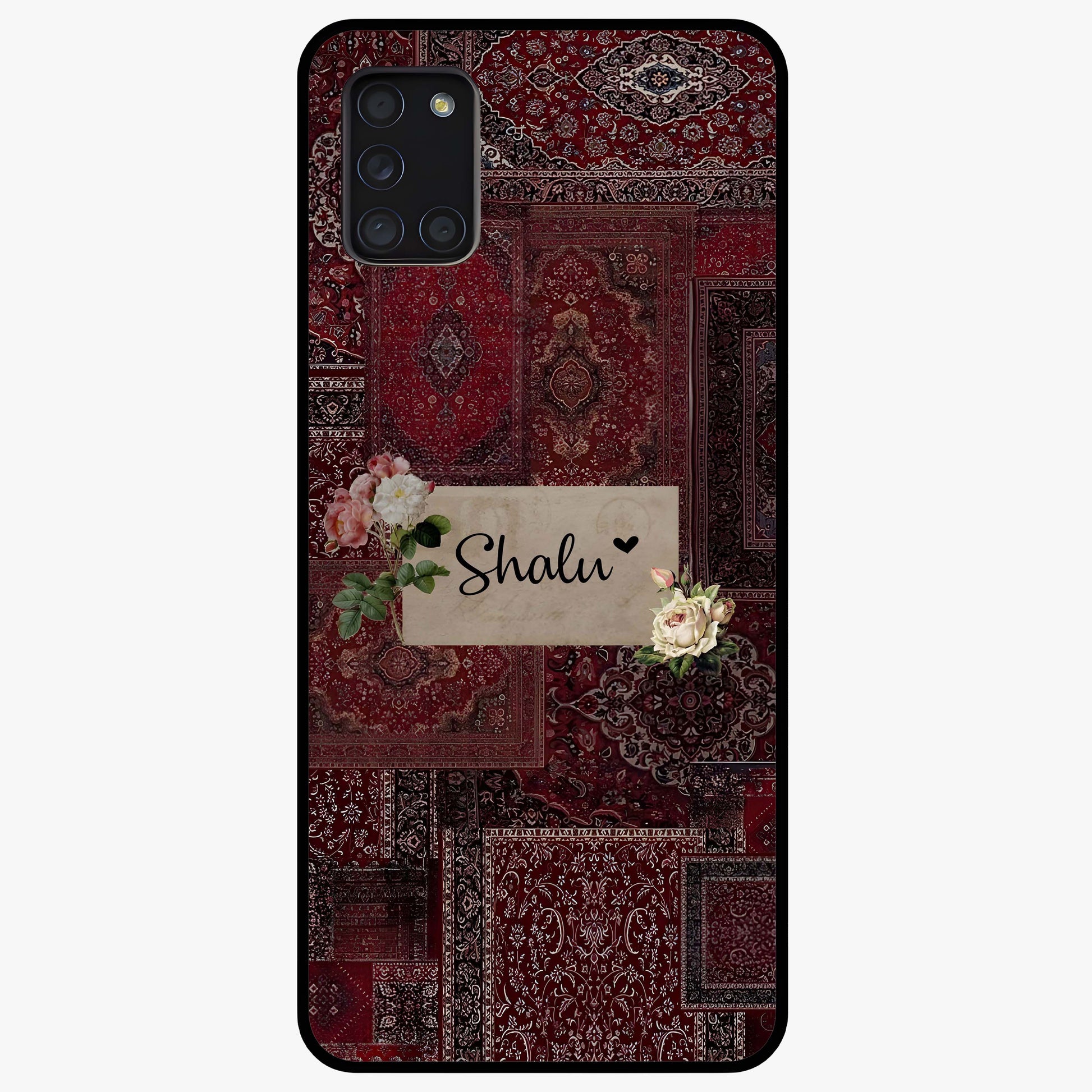 Velvet Wine Pattern Custom Name Glass Case showing flat back view with elegant wine colored pattern artwork and personalized name design.