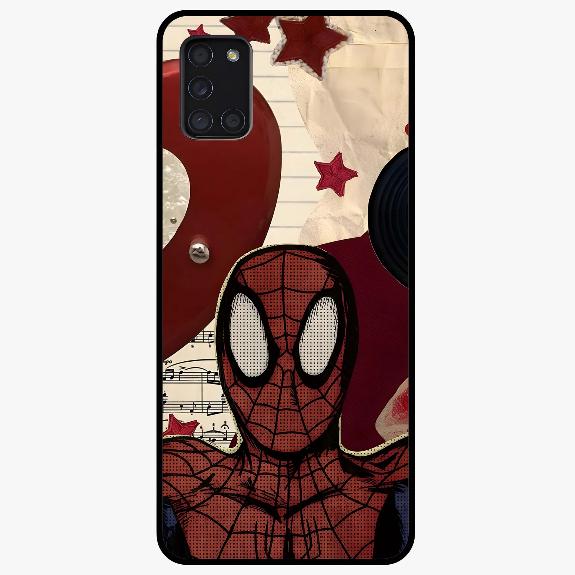 Web Warrior Vibes Glass Case showing flat back view with superhero inspired web themed artwork and glossy glass finish.