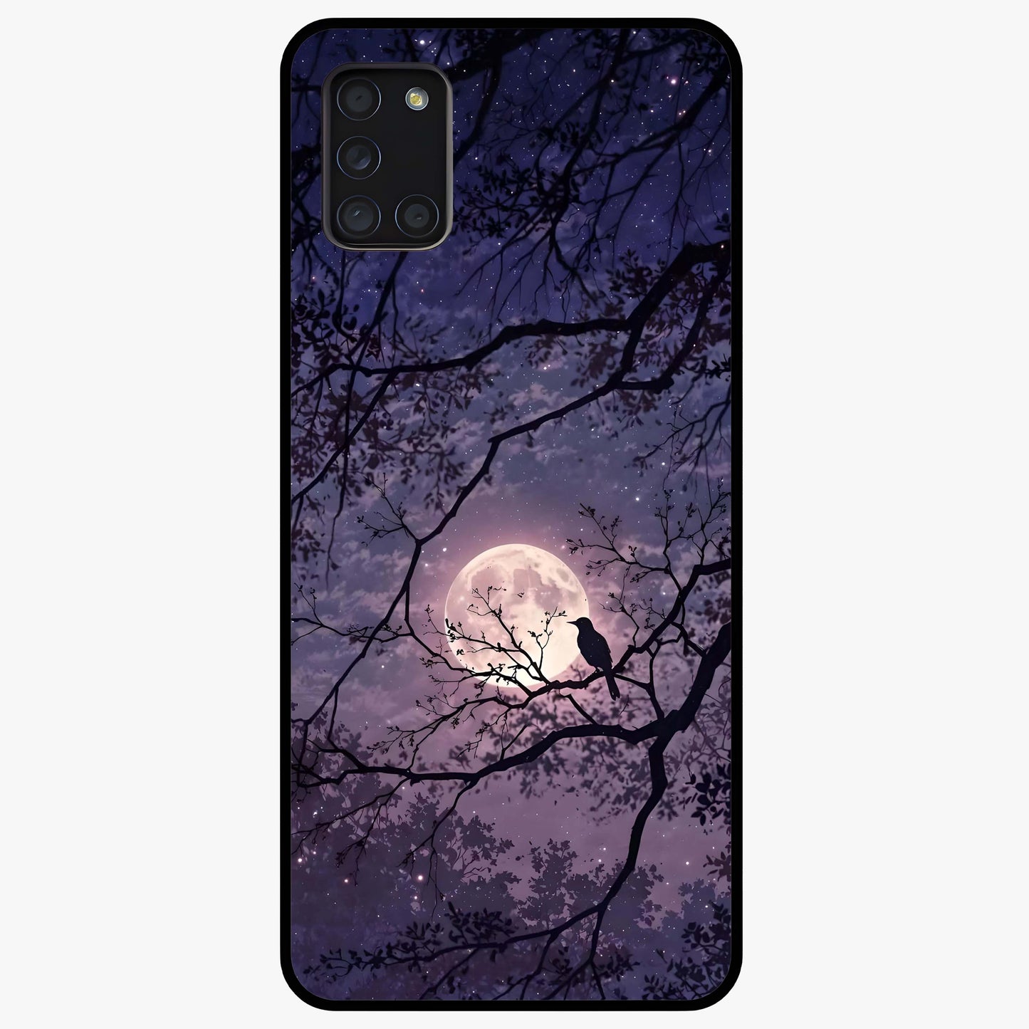 Whispering Moon Silence Glass Case showing flat back view with serene moon themed artwork and glossy glass finish.