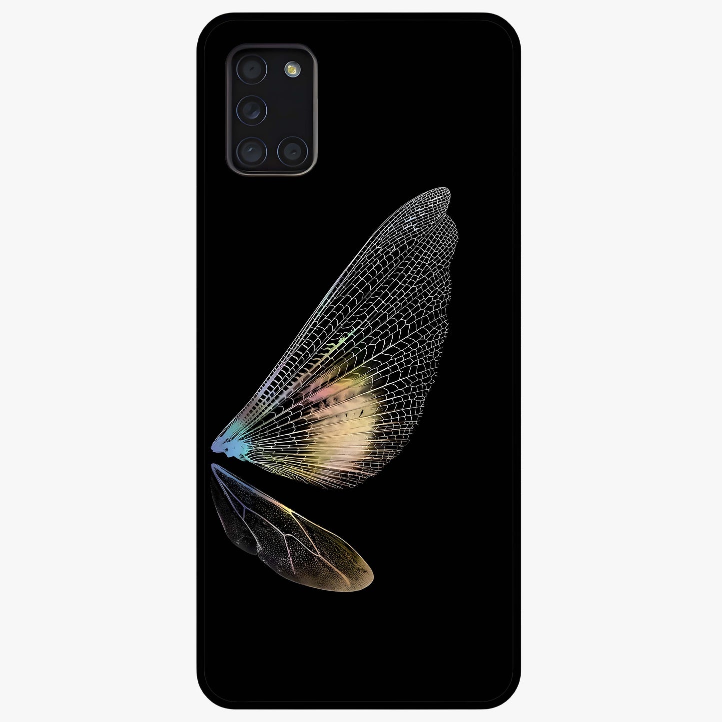 Whispers Of Wings Glass Case showing flat back view with graceful wing inspired artwork and glossy glass finish.