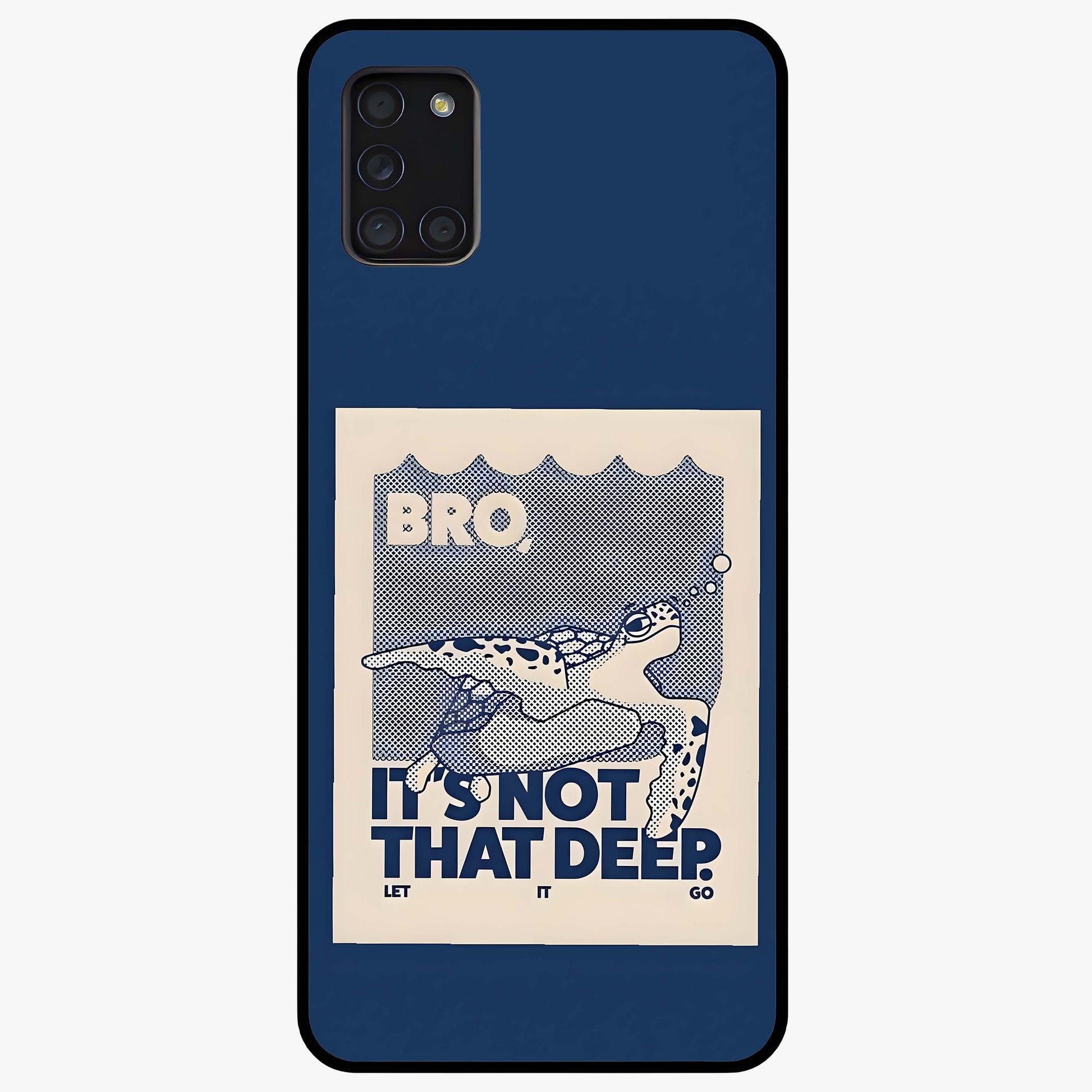 Worry Less Swim Glass Case showing flat back view with playful motivational artwork and glossy glass finish.