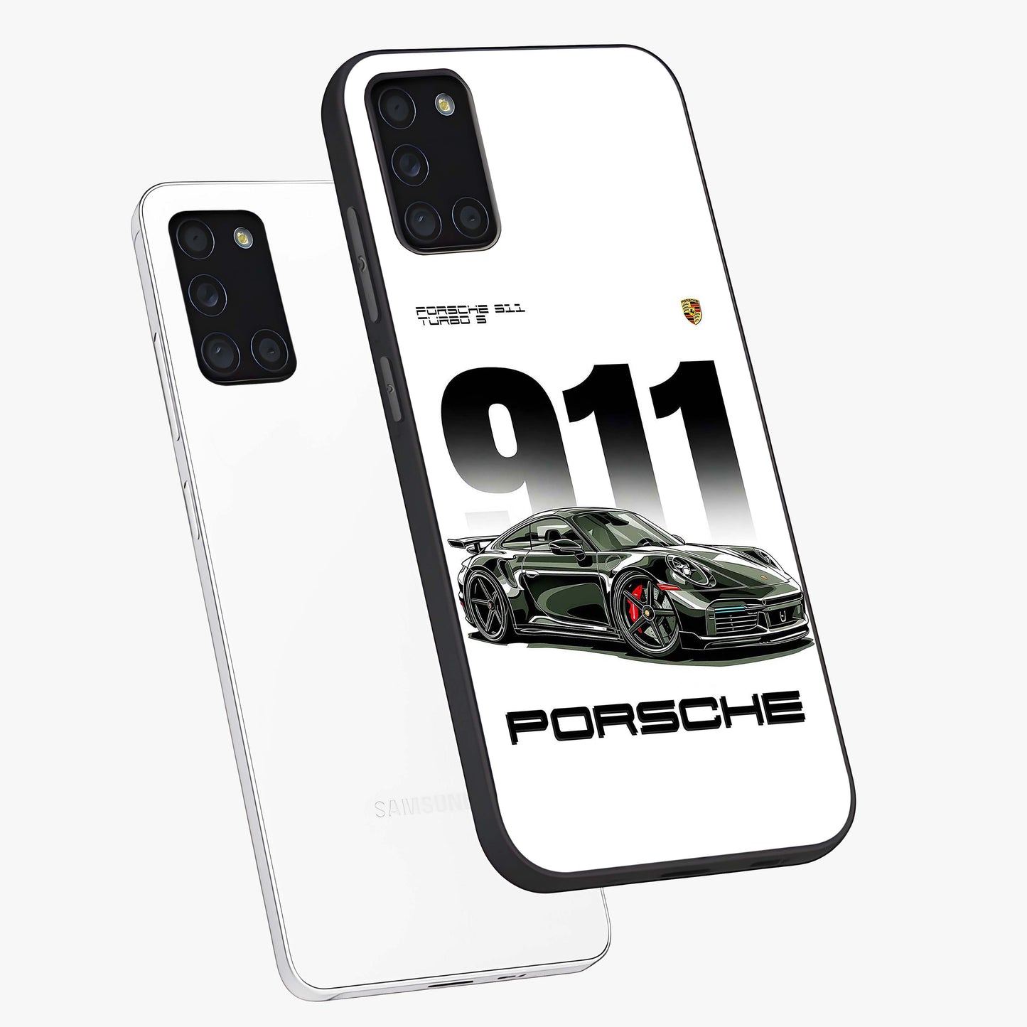 911 Turbo Dominance Glass Case displayed in premium angled mockup highlighting sporty car illustration and sleek glass surface.