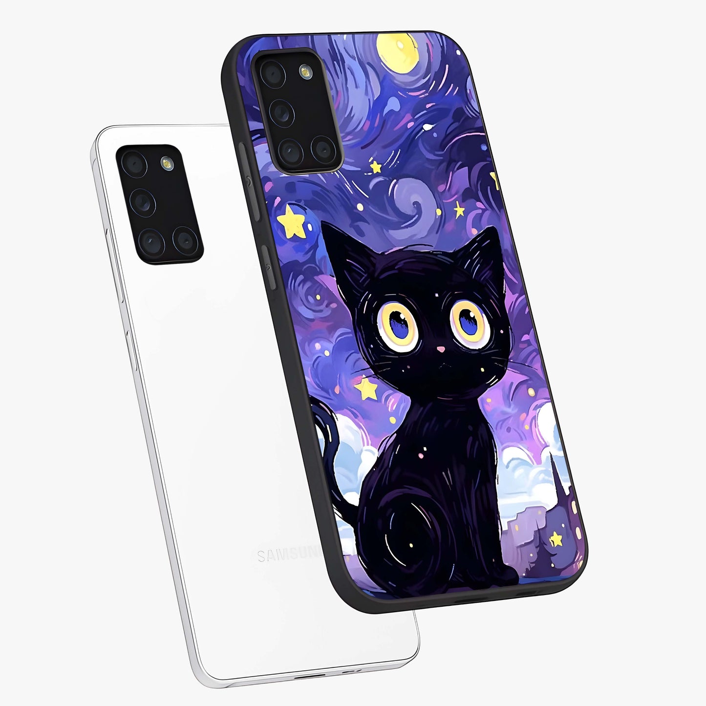 Abstract Cat Art Glass Case displayed in angled mockup highlighting modern abstract cat artwork and sleek glass surface.