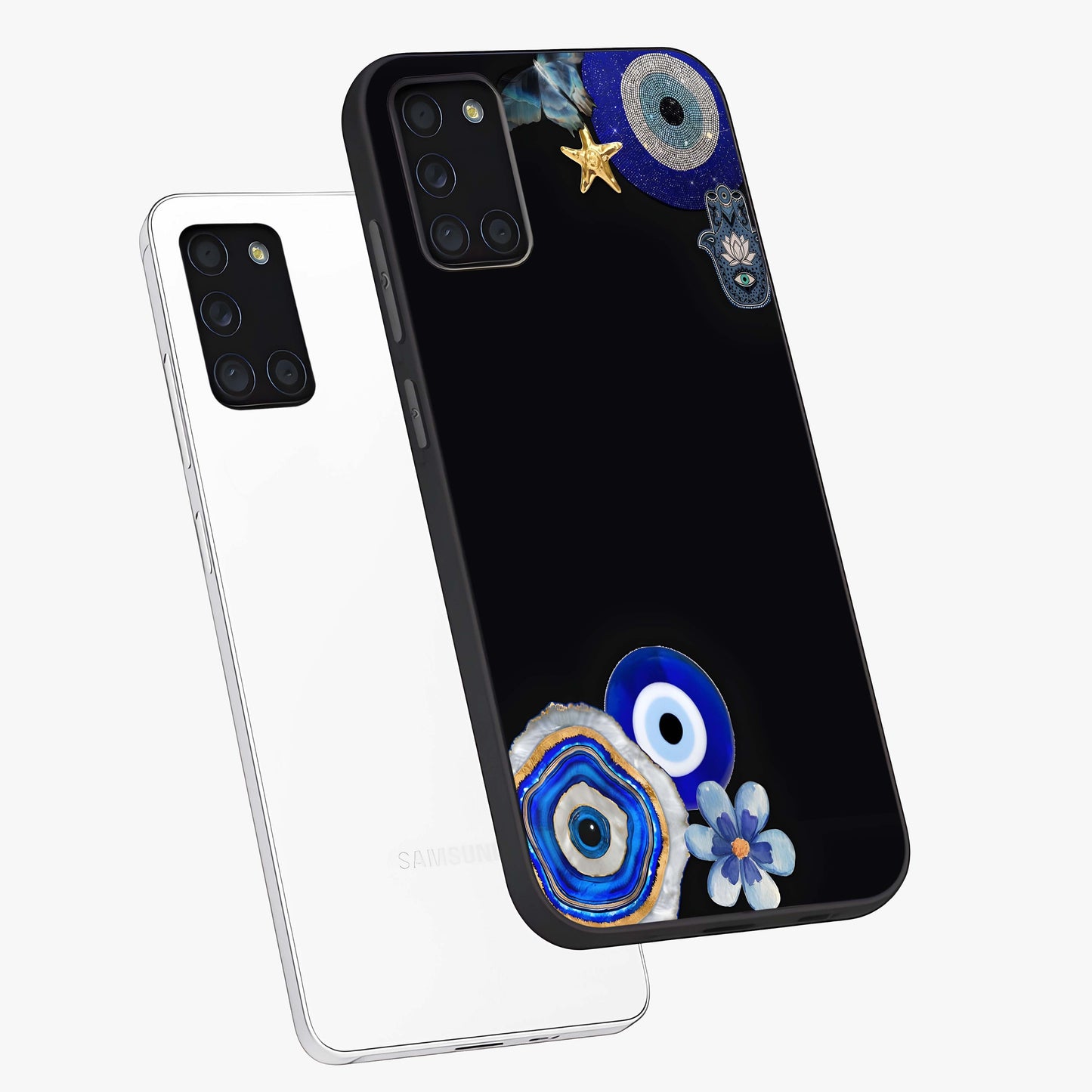 Aesthetic Blue Evil Eye Glass Case displayed in angled mockup highlighting blue evil eye symbol and spiritual aesthetic design.