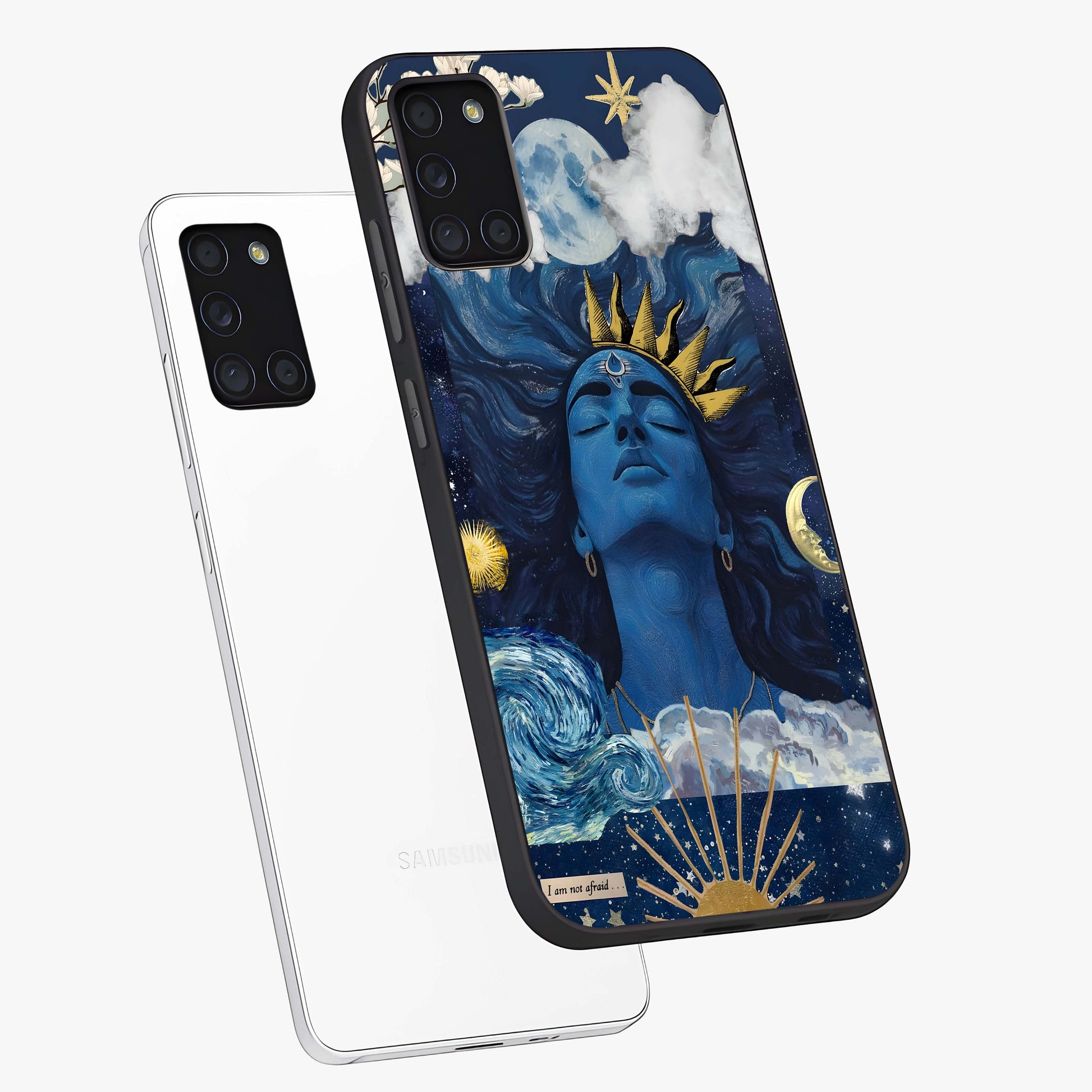 Aesthetic Lord Shiva Glass Case displayed in angled mockup highlighting spiritual Shiva illustration and sacred aesthetic design.