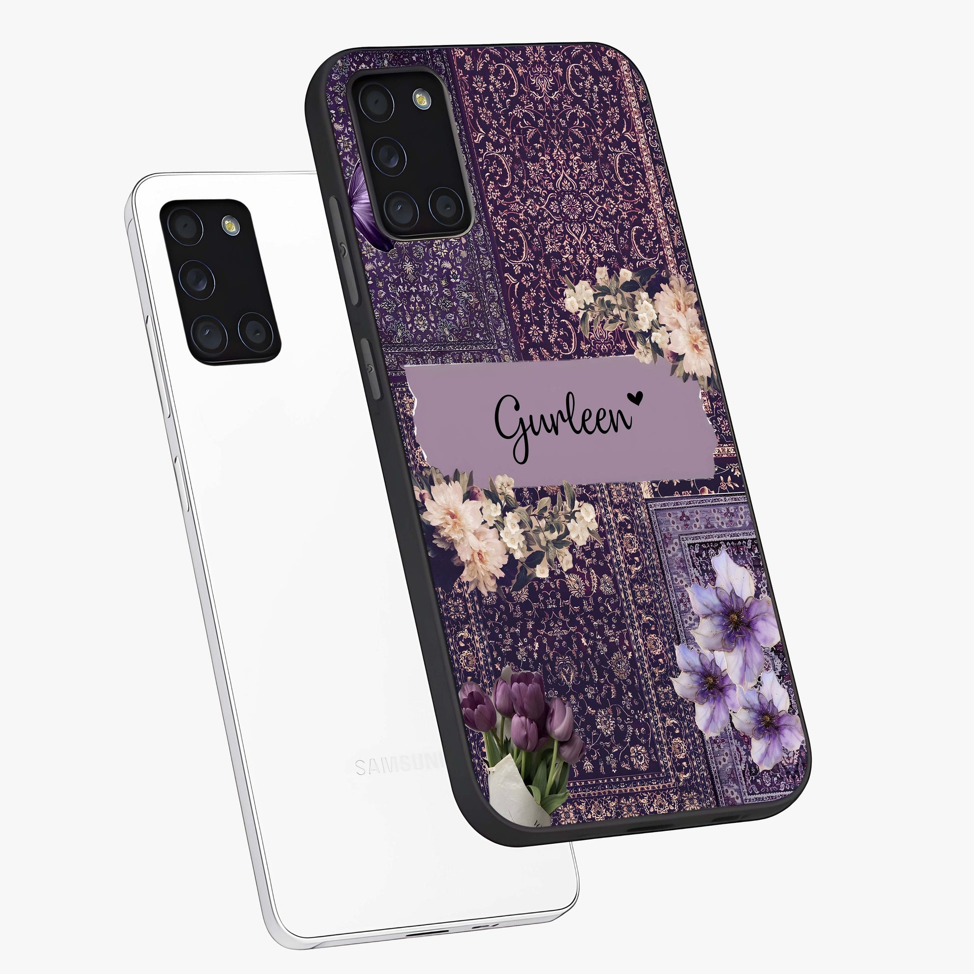 Antique Floral Whisper Custom Name Glass Case displayed in angled mockup highlighting elegant antique floral aesthetic.