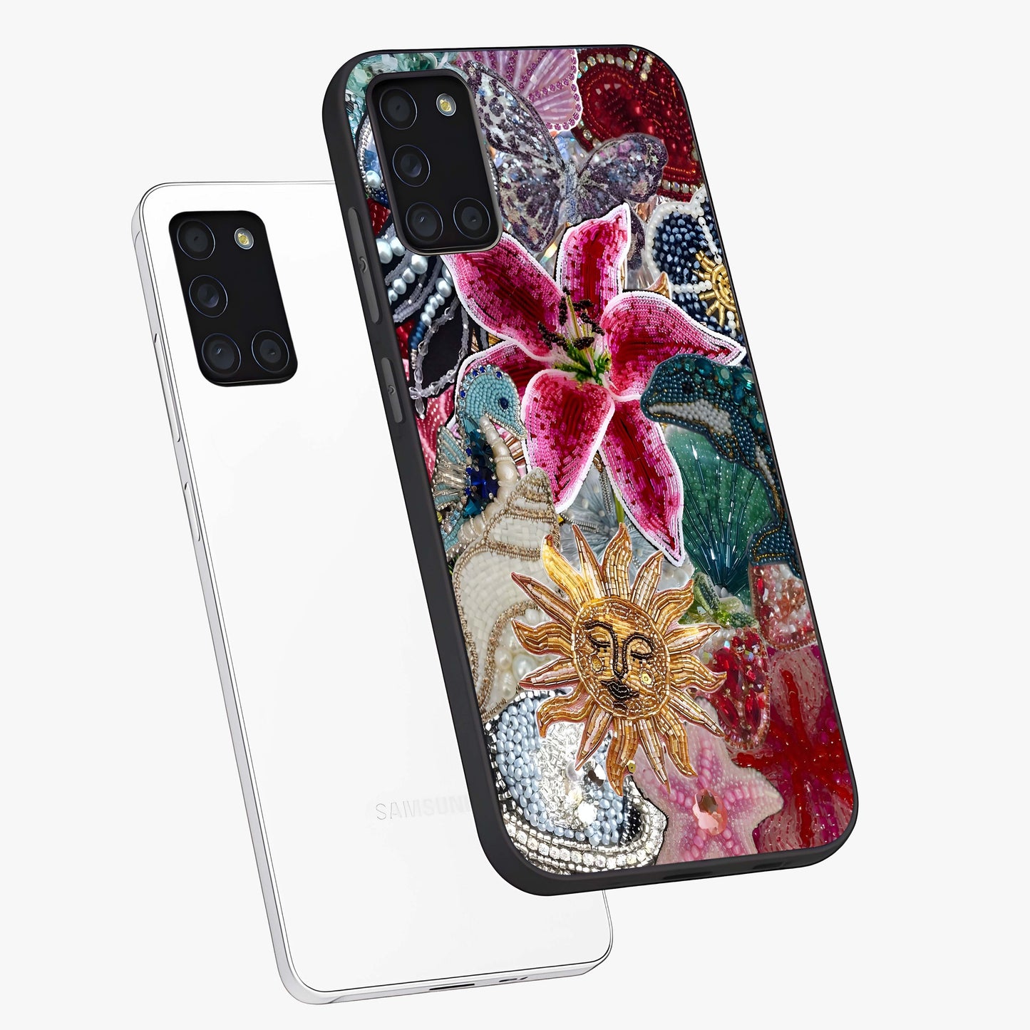 Beaded Garden Fantasy Glass Case displayed in angled mockup highlighting fantasy inspired floral bead pattern.
