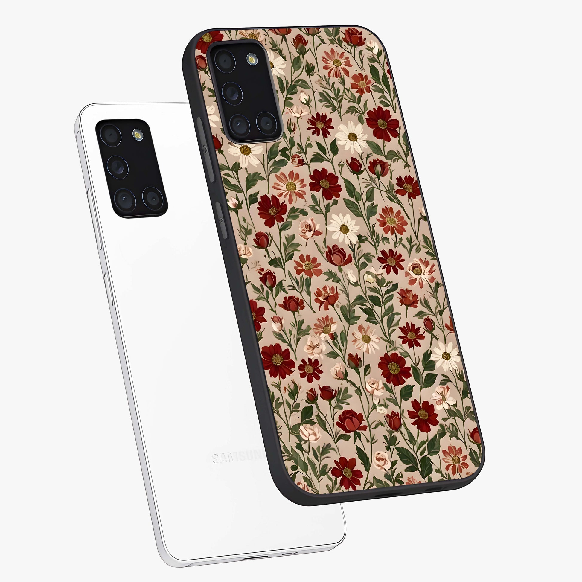 Biege Flower With Leaf Glass Case displayed in angled mockup highlighting minimal floral leaf design and elegant aesthetic.