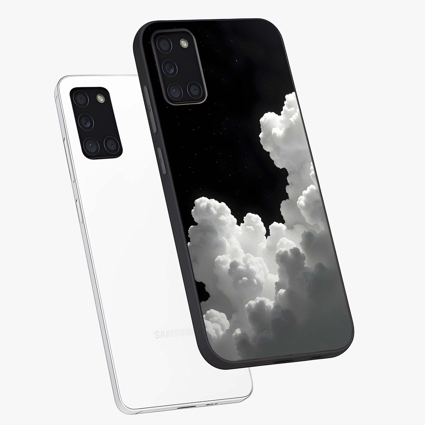 Black Background With White Cloud Glass Case displayed in angled mockup highlighting soft white cloud illustration and minimal design.