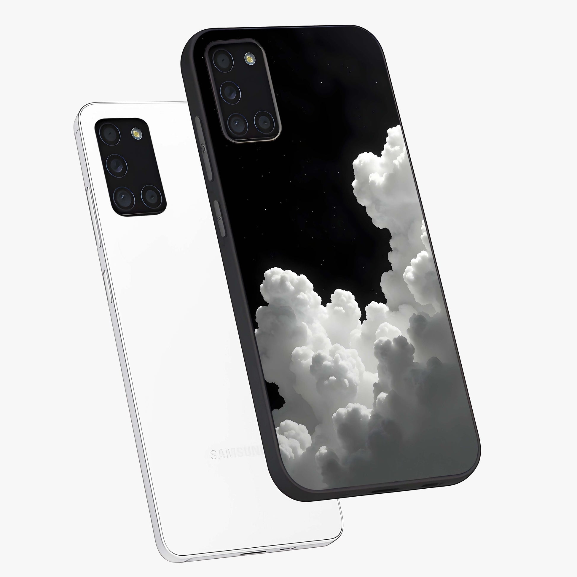 Black Background With White Cloud Glass Case displayed in angled mockup highlighting soft white cloud illustration and minimal design.