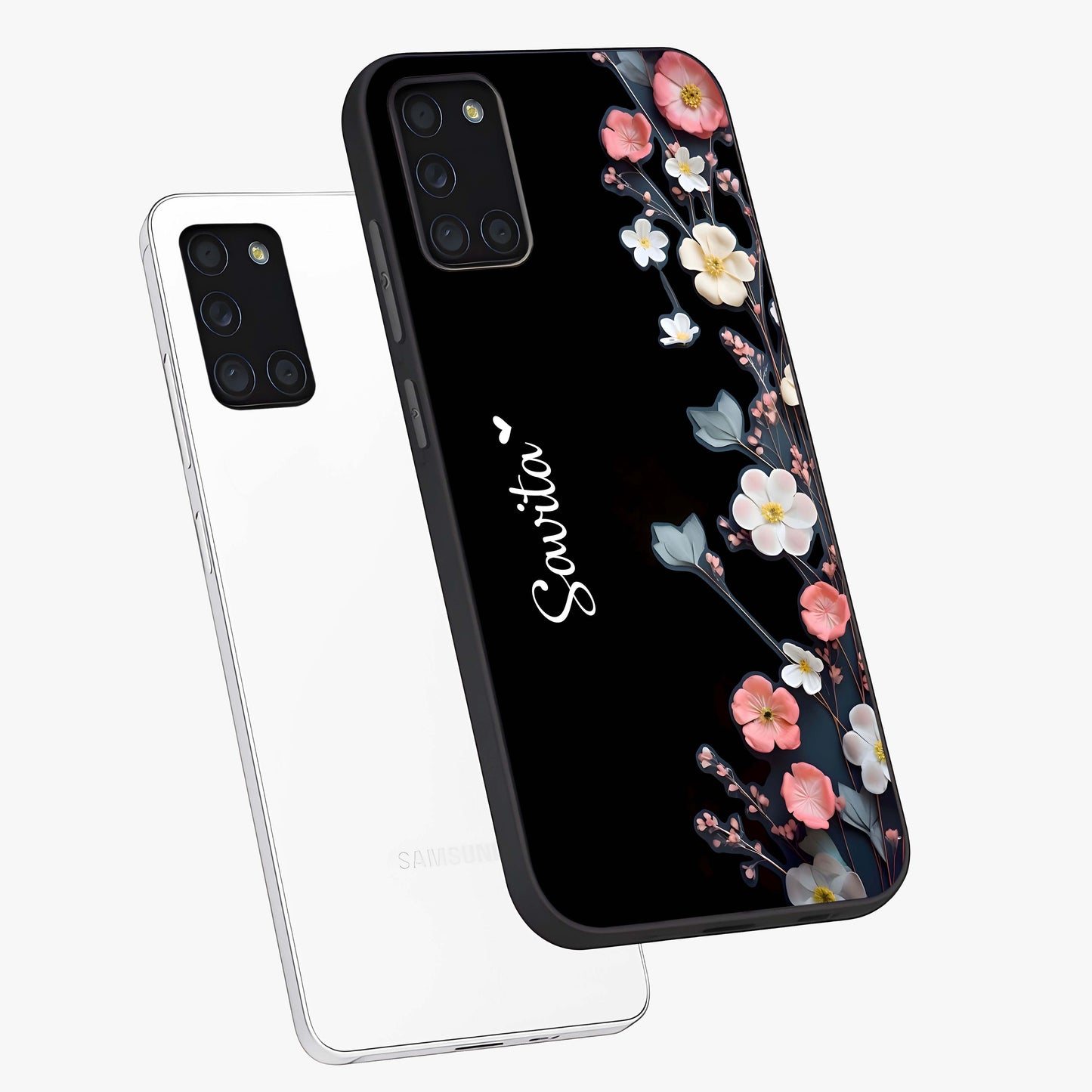 Black Elegance Floral Custom Name Glass Case displayed in angled mockup highlighting dark floral aesthetic and custom name feature.