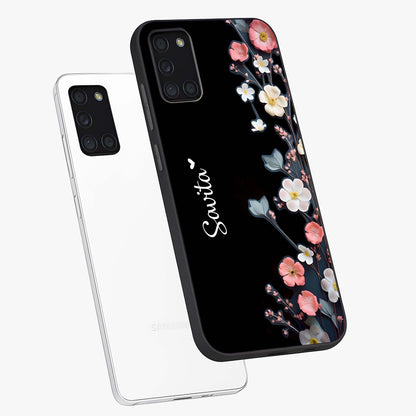 Black Elegance Floral Custom Name Glass Case displayed in angled mockup highlighting dark floral aesthetic and custom name feature.