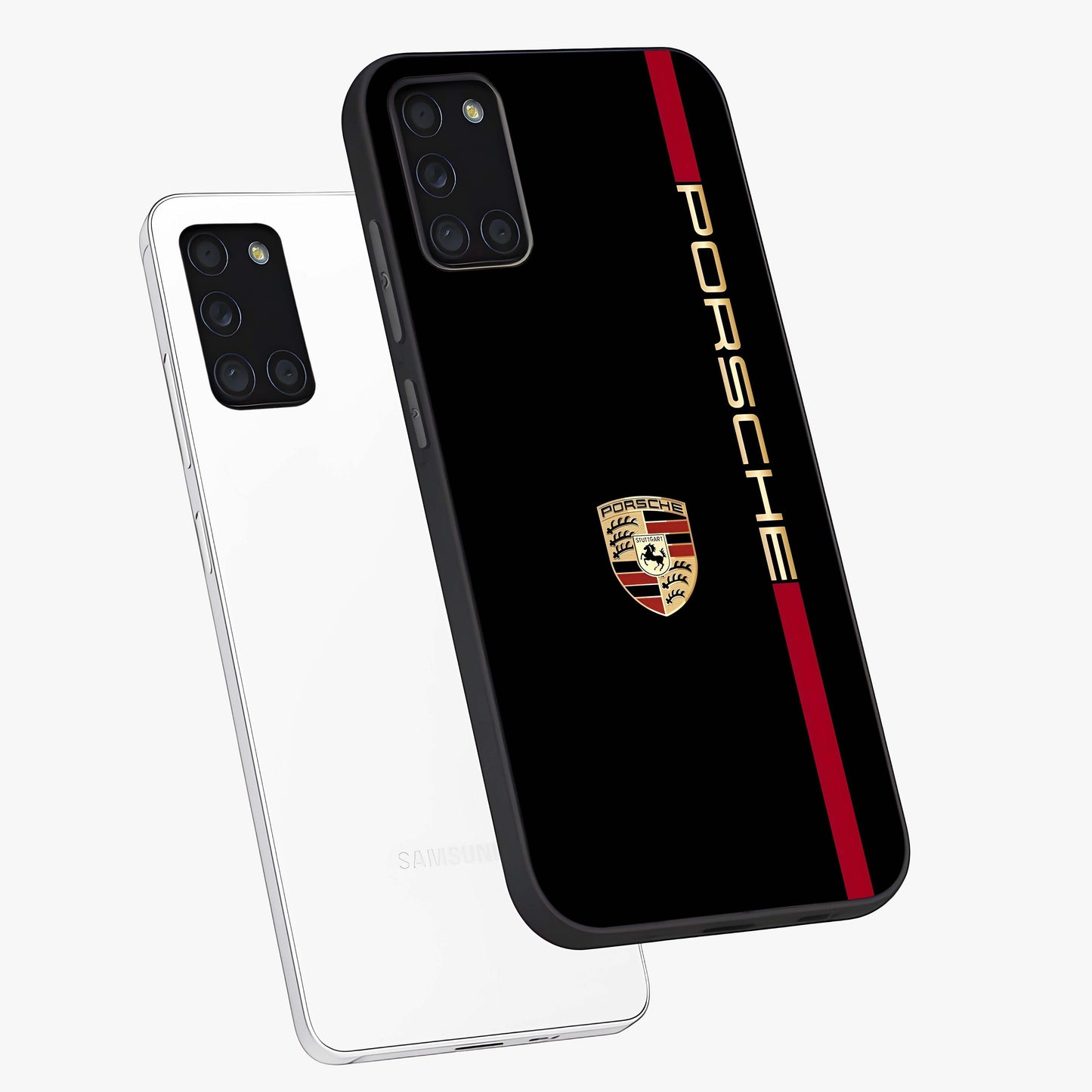 Black Minimal Porsche Glass Case displayed in angled mockup highlighting modern minimal car illustration and clean aesthetic design.