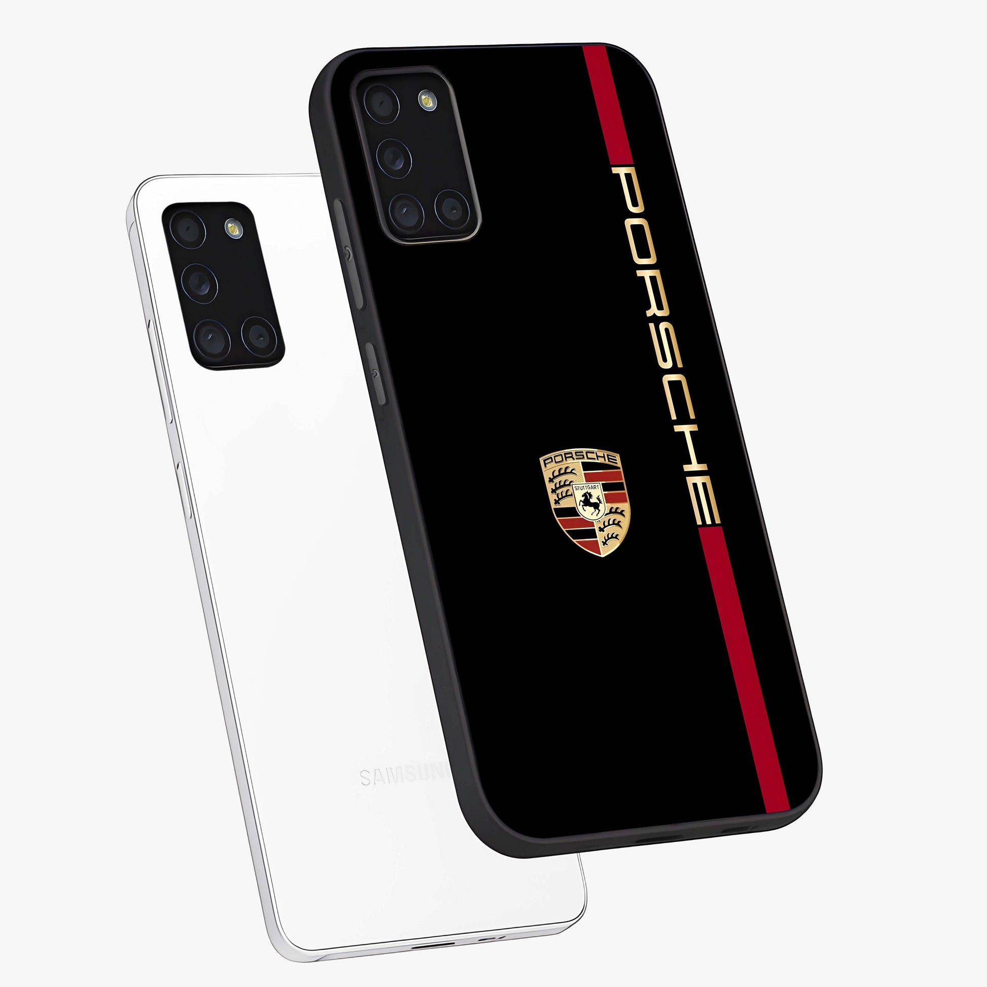 Black Minimal Porsche Glass Case displayed in angled mockup highlighting modern minimal car illustration and clean aesthetic design.