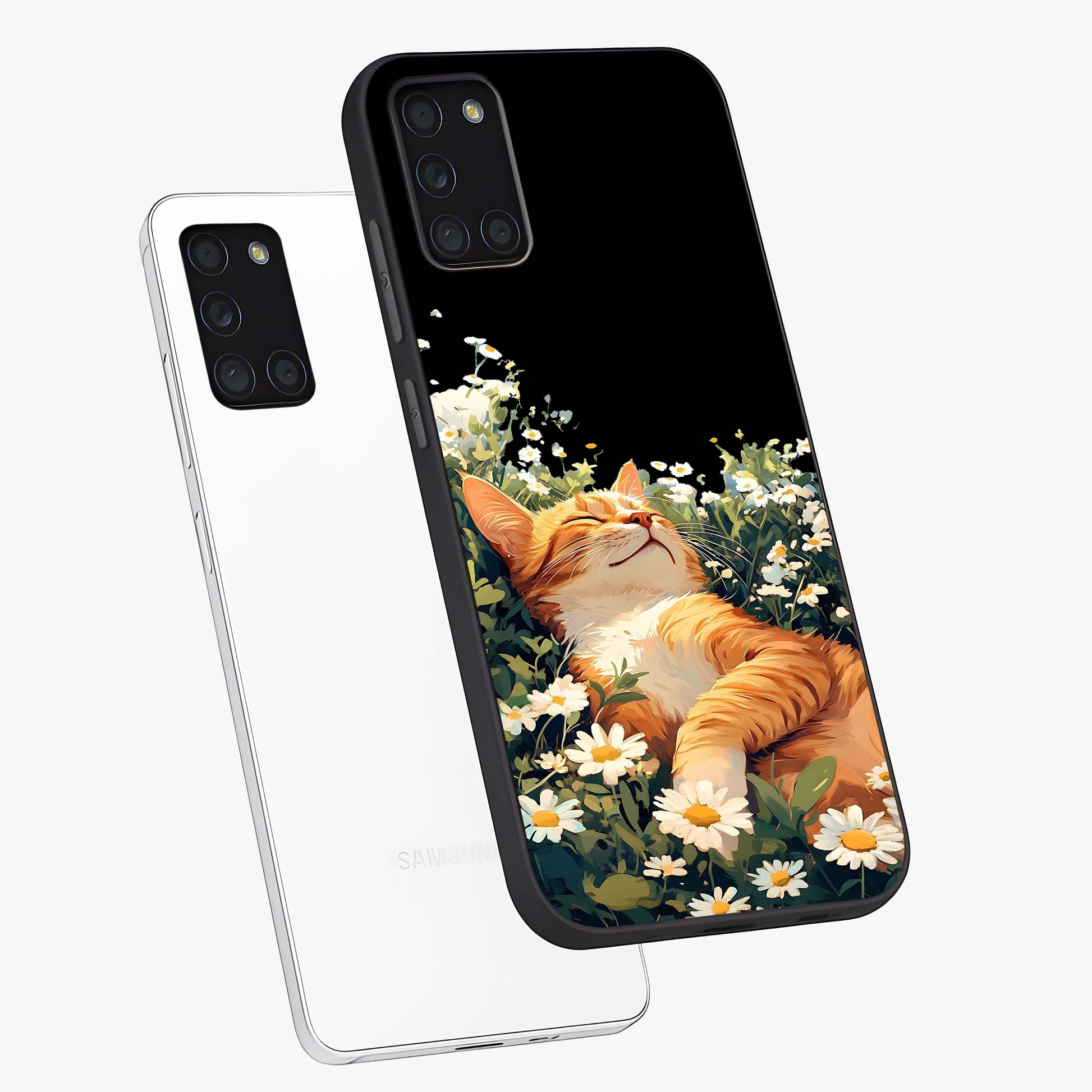 Blissful Bloom Cat Glass Case displayed in angled mockup highlighting playful feline illustration with soft floral aesthetic.