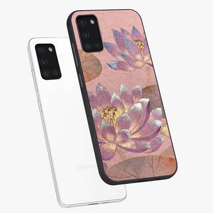 Blossom Mist Lotus Glass Case displayed in angled mockup highlighting delicate lotus illustration with calm aesthetic theme.