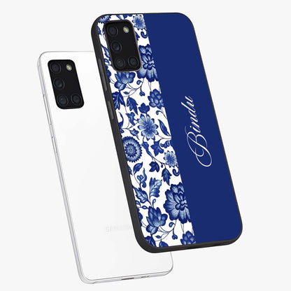 Blue Vintage Floral Pattern Glass Case displayed in angled mockup highlighting subtle bloom pattern with aesthetic pastel design.