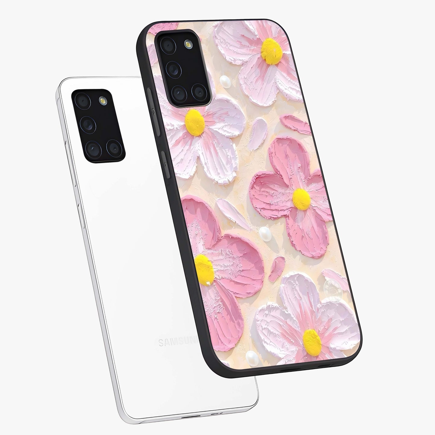 Blush Bloom Texture Glass Case displayed in angled mockup highlighting subtle bloom pattern with aesthetic pastel design.