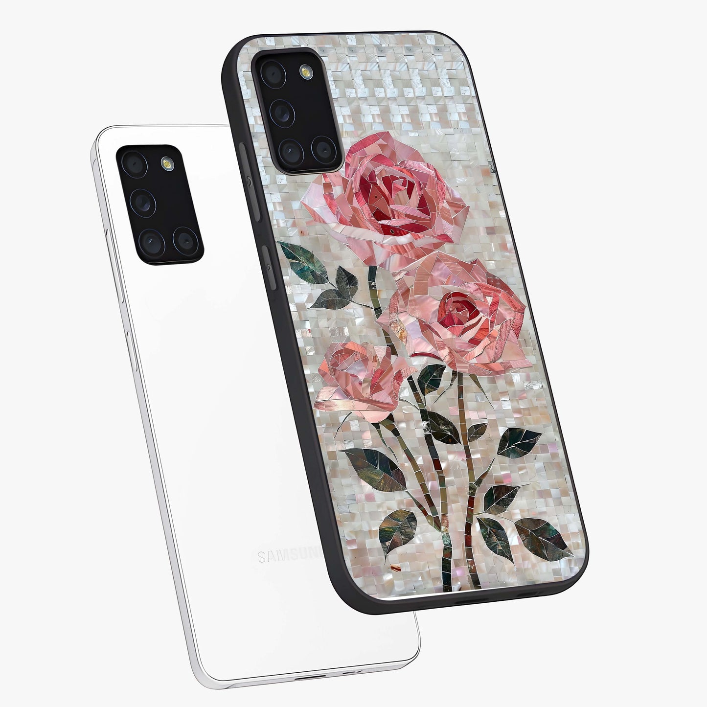 Blush Mosaic Bloom Glass Case displayed in angled mockup highlighting artistic mosaic flower pattern with aesthetic design.