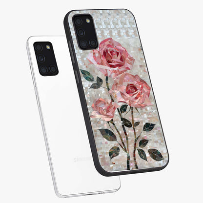 Blush Mosaic Bloom Glass Case displayed in angled mockup highlighting artistic mosaic flower pattern with aesthetic design.
