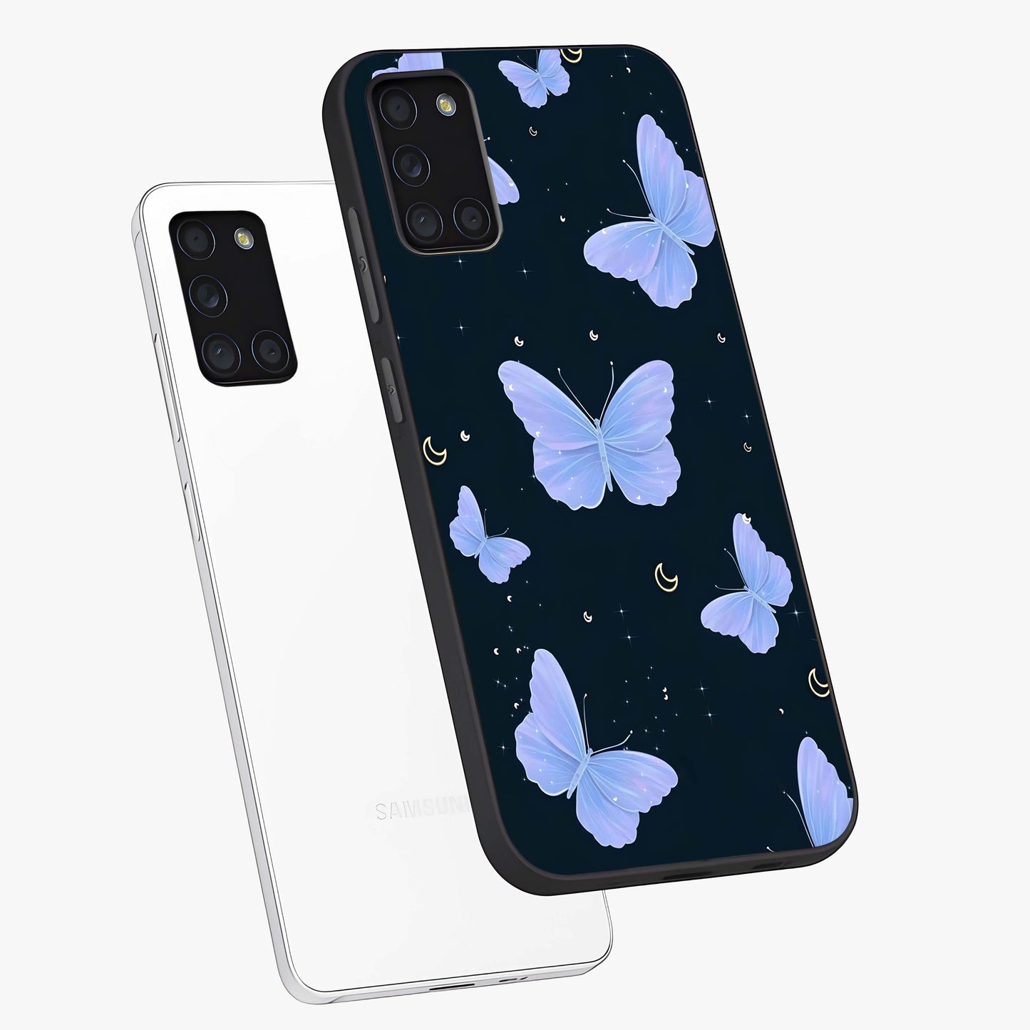 Butterfly With Stars Pattern Glass Case displayed in angled mockup highlighting dreamy butterfly and star design with aesthetic theme.