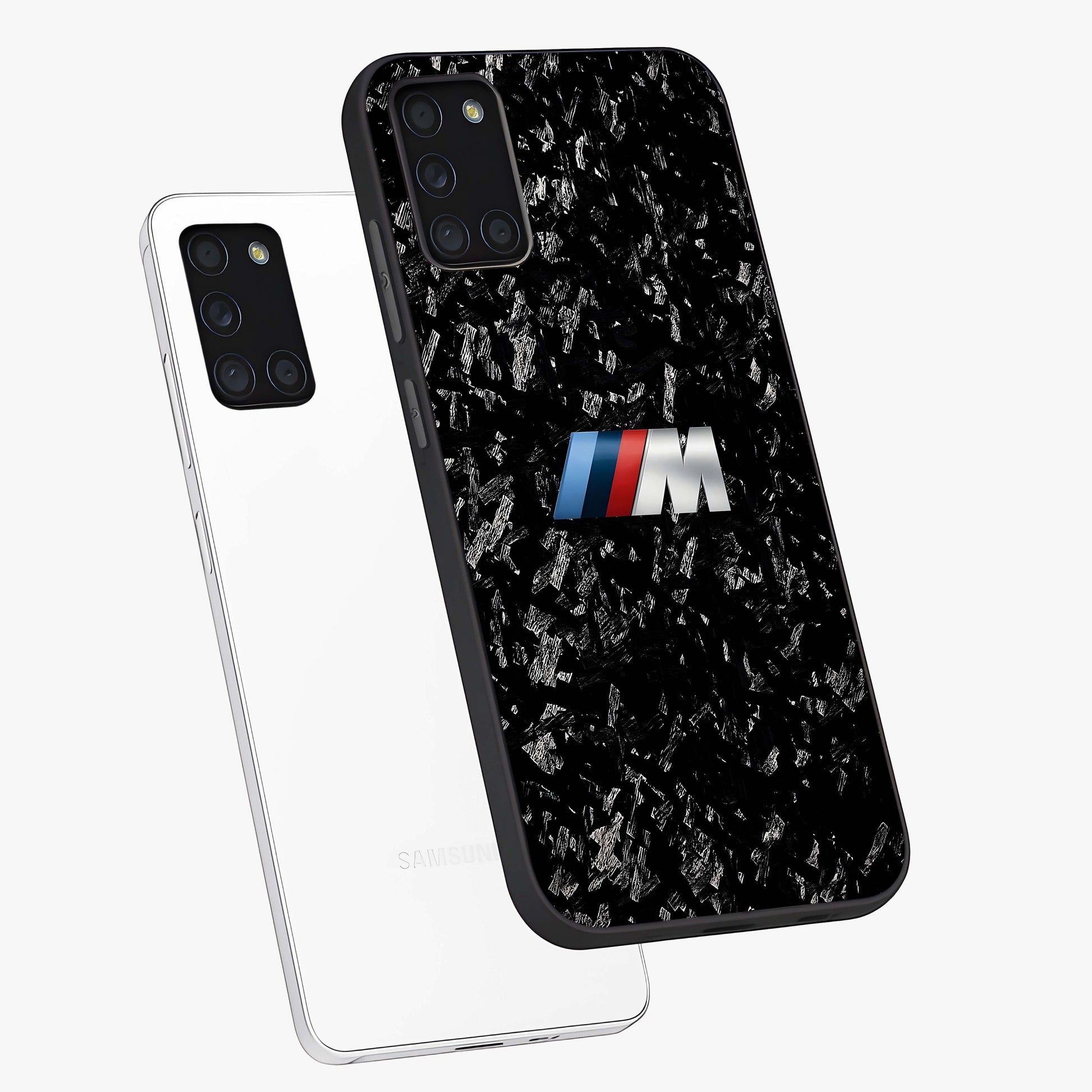Carbon Speed Mark Glass Case displayed in angled mockup highlighting racing inspired carbon design and sleek aesthetic style.