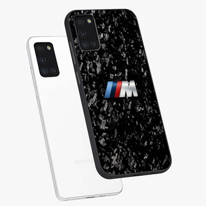 Carbon Speed Mark Glass Case displayed in angled mockup highlighting racing inspired carbon design and sleek aesthetic style.