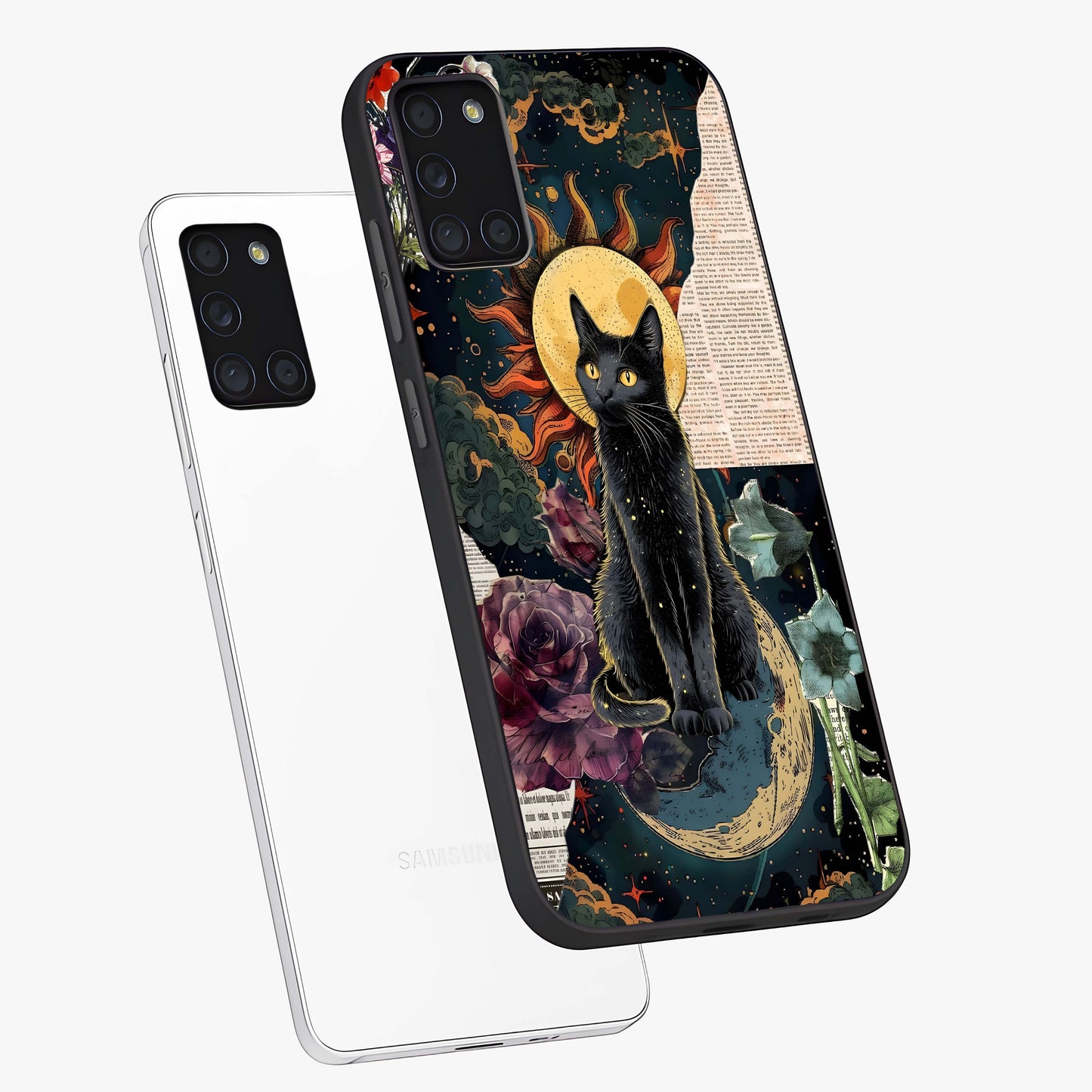 Celestial Black Cat Glass Case displayed in angled mockup highlighting cosmic black cat design with celestial aesthetic.